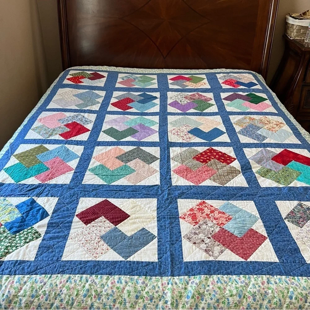 72”x88” Twin Size Handmade Patchwork Cotton Quilt. Simple Shabby Chic.